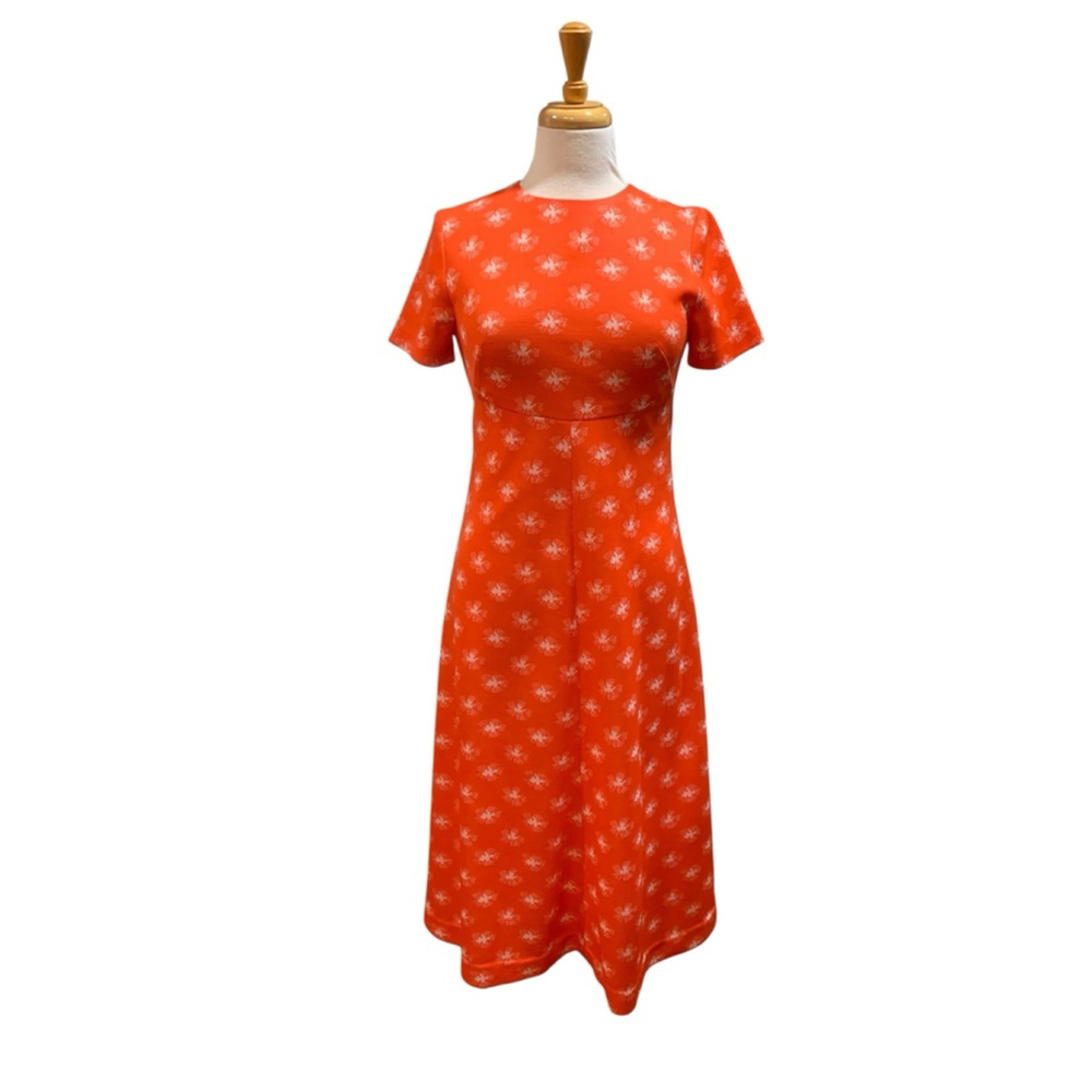 Vntg Women's homemade Orange and White Floral Short Sleeve Dress sz S